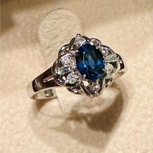 Platinum Natural Blue Sapphire & Diamond Jewelry Women Engagement Ring Size 4.9